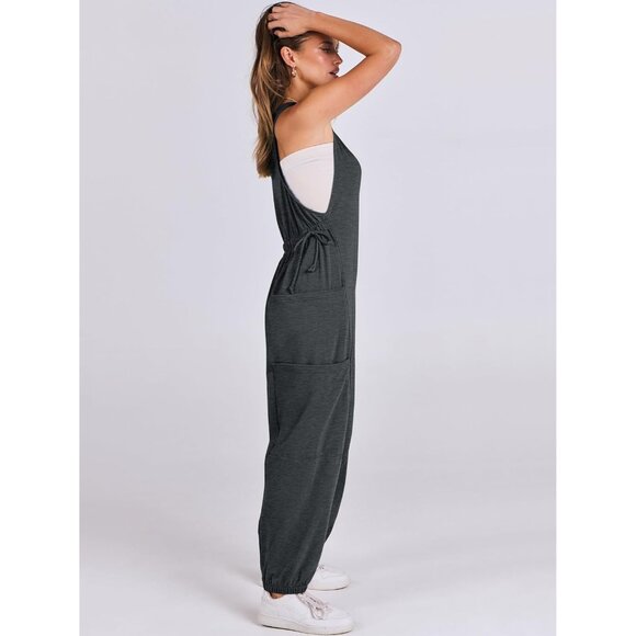 Women Dark Grey Overall Jumpsuit Loose Casual Dressy Sleeveless Baggy Romper - Picture 4 of 6